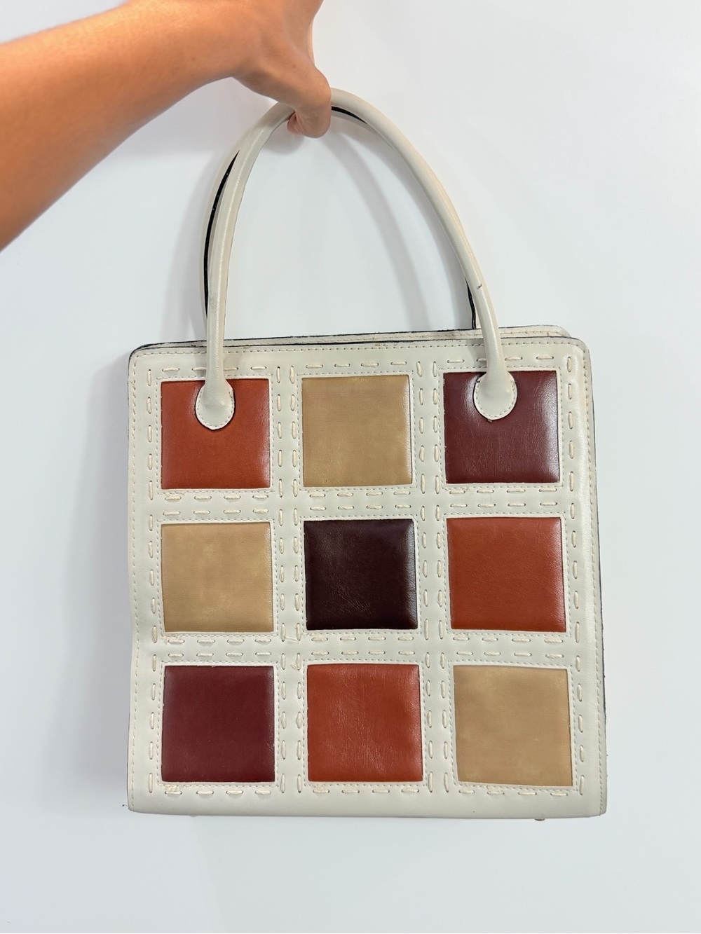 Women's White Patchwork Leather Tote Bag - Multicolor Squares